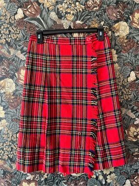 Vintage handmade Red Plaid Fringe Wrap Skirt Tartan Punk Academia Westwood